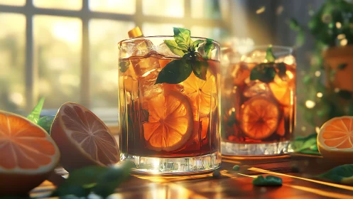 Citrus Iced Cocktail with Fresh Mint in Golden Hour Lighting
