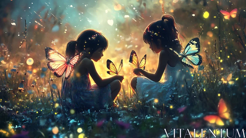 Fantasy digital painting of girls with luminous butterfly wings.
