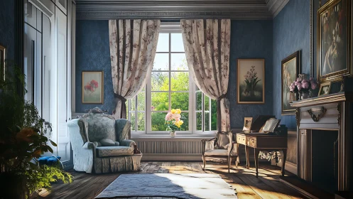 Sunlit vintage parlor with floral drapes and reading nook.