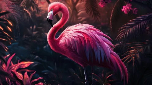 High-saturation flamingo study under stylized jungle rim lighting