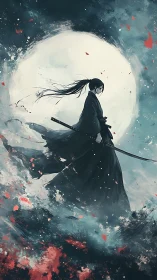 Lone samurai strides before a moon of swirling stormlight