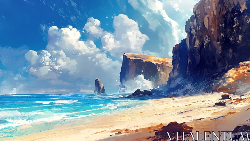 Sunlit cliffs and rolling surf along a dreamy shore.