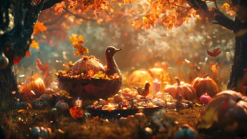 Glowing autumn feast tableau with turkey basket centerpiece.