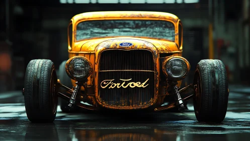 Rust-patinated hot rod coupe under moody industrial light.