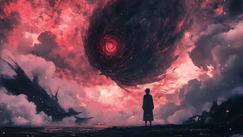 Silhouetted figure below swirling red vortex in clouds.
