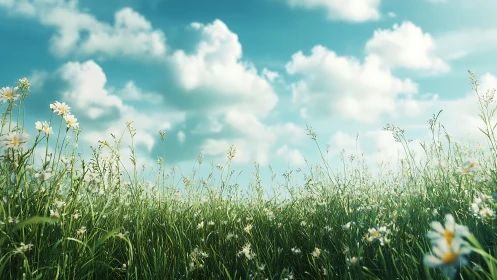 Sunlit meadow of wild daisies welcomes a soft summer sky