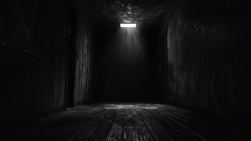 Narrow dark corridor receives single overhead light beam