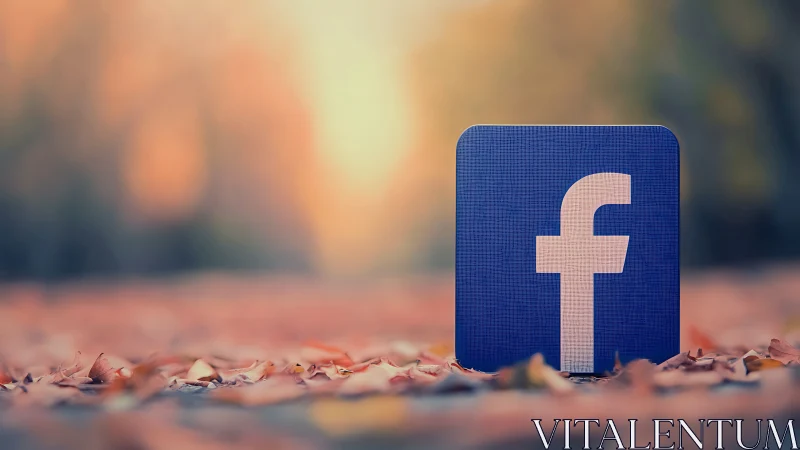 Facebook icon on autumn leaves with warm bokeh background.