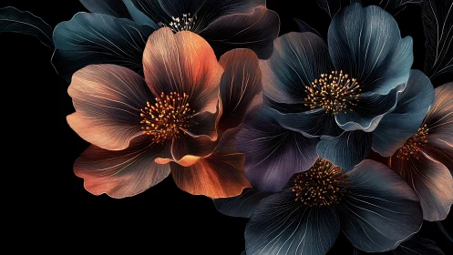 Luminescent Flowers with Golden Stamens on Dark Background.