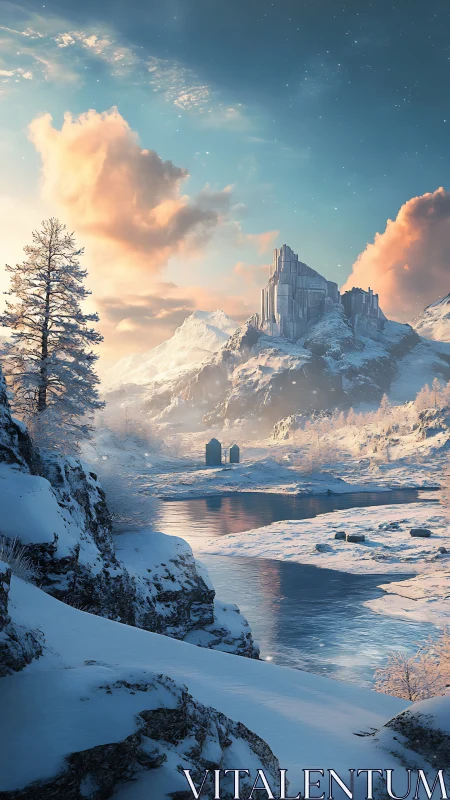 Snowy river valley below distant icy mountain fortress.