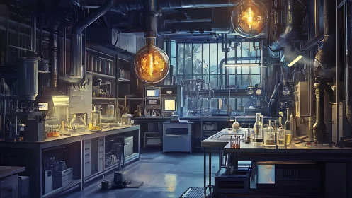 Futuristic industrial laboratory glows under oversized bulbs