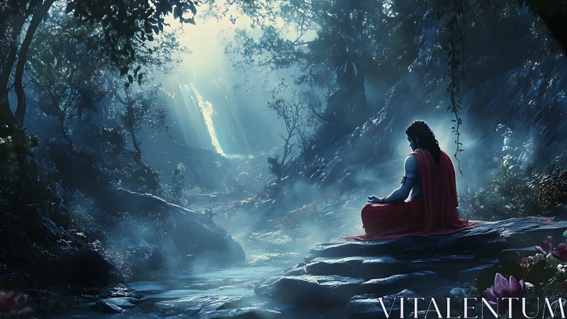 Moonlit mystic in scarlet robe greeting a dreaming forest.