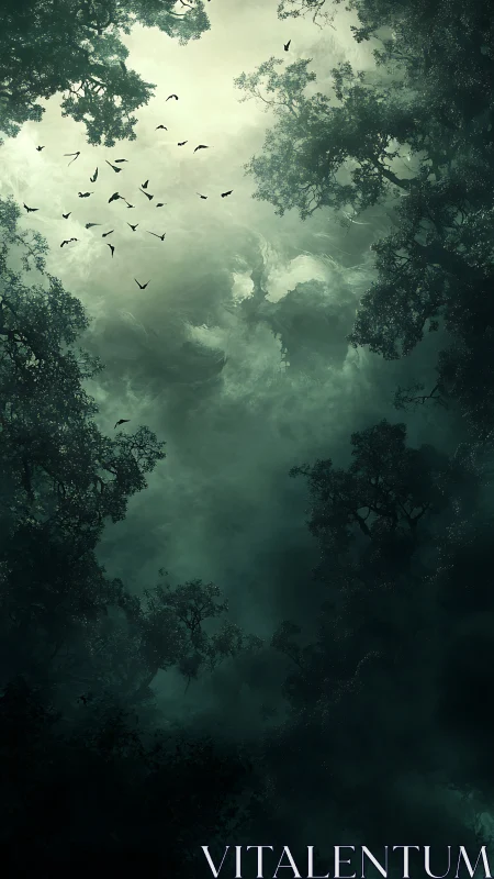 Nocturnal forest canopy encloses mist-lit avian silhouettes