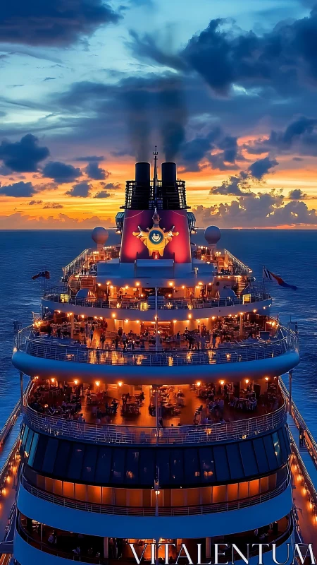Sunset cruise ship decks glow with warm evening lights.