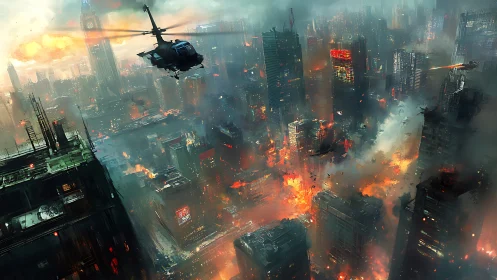 Helicopter flies above burning high rise city during attack