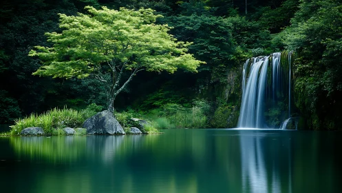 Lacustrine islet tree and curtain waterfall in dense forest.