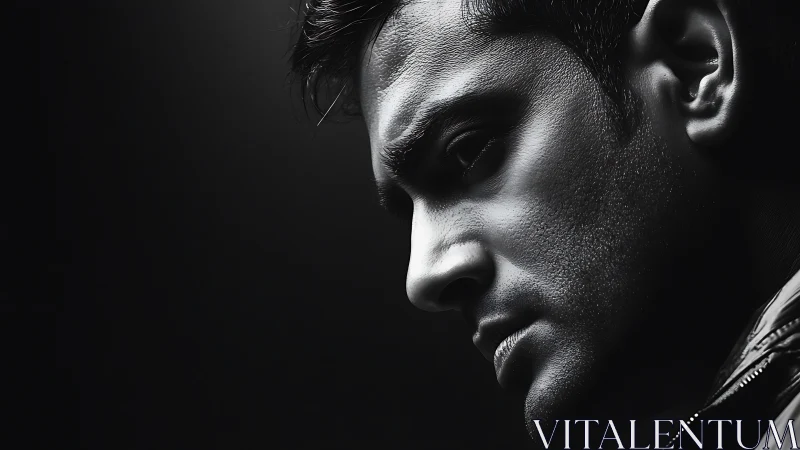 Moody monochrome male portrait with dramatic rim light.