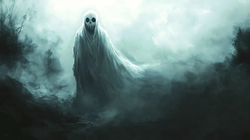 Spectral shrouded entity advances through fog-drenched desolate marshland