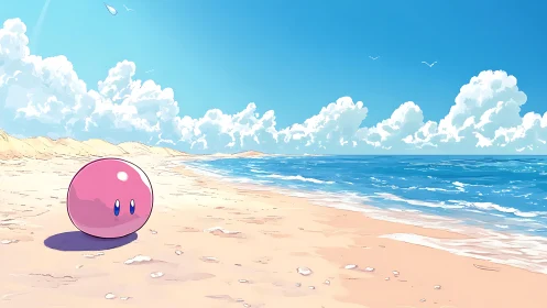 Soft pink orb character on sunlit shoreline panorama.