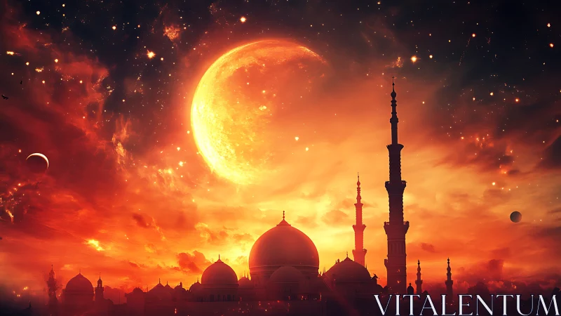Mosque skyline under giant crescent moon at sunset.