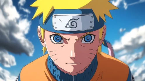 Centered anime portrait shows determined ninja under dynamic sky
