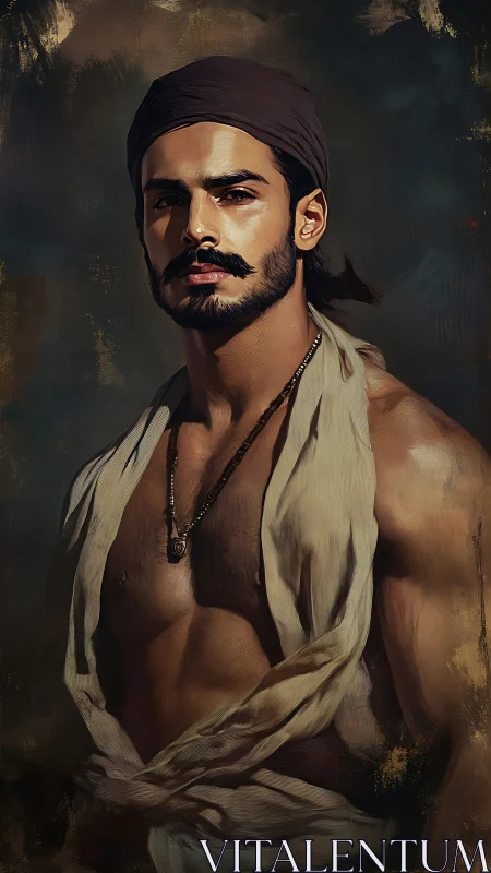 Brooding desert sailor with sepia-lit bare torso poised