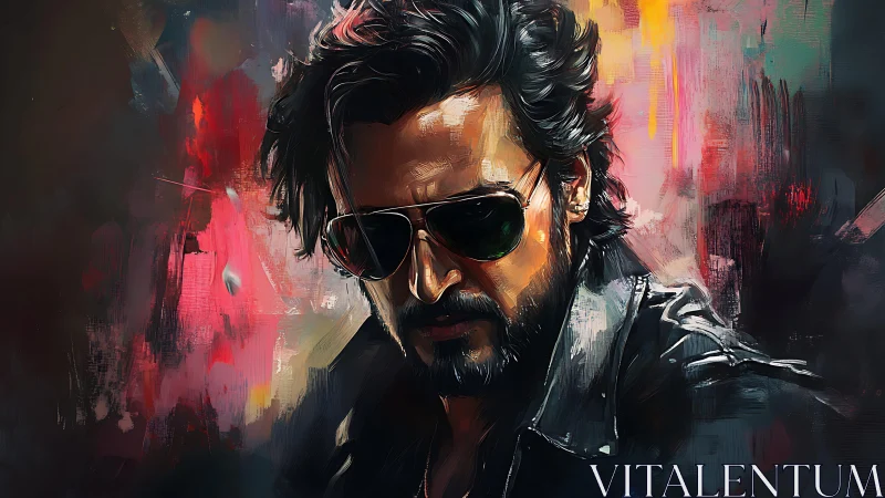 Moody sunglasses rebel framed by bold neon color swirls.