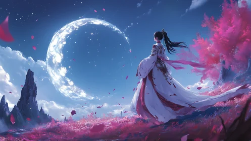 Moonlit swordswoman gazes over luminous sakura valley.