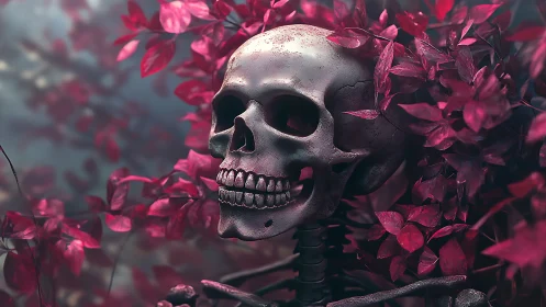 Weathered human skull rendered in macro amidst saturated magenta foliage