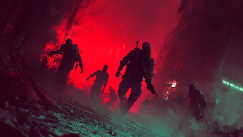 Armed soldiers advance through neon red war-torn streets at night