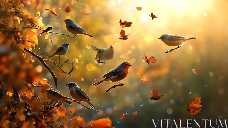 Autumn Songbirds in Flight with Golden Light, Photorealistic Art.