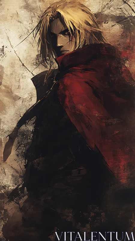 Blond figure in red cloak rendered with textured brushwork