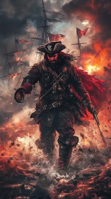 Fiery pirate captain strides boldly through a burning sea