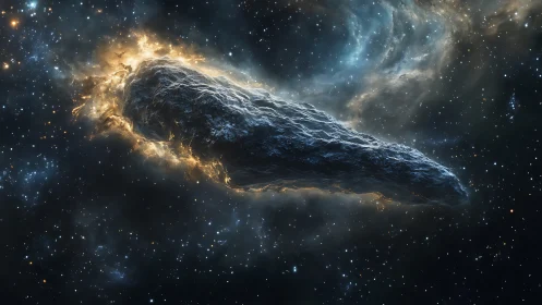 Elongated cosmic asteroid with ionized halo in deep space.