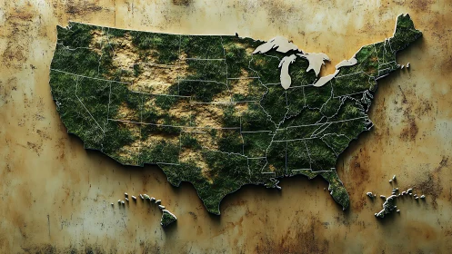 Verdant relief map of the United States on weathered brass.