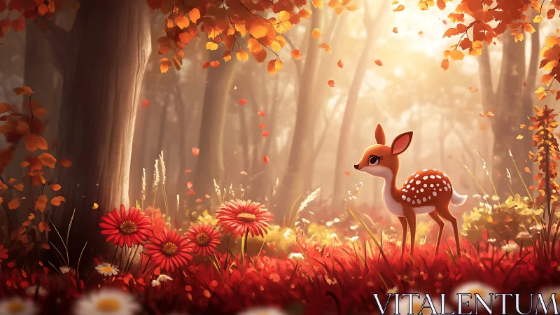 Gentle fawn wandering through a glowing autumn woodland.