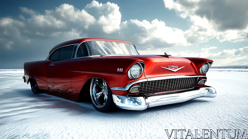 Low-angle view shows custom red classic car on snowy ground