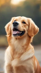 Golden retriever portrait outdoors with soft blurred background.