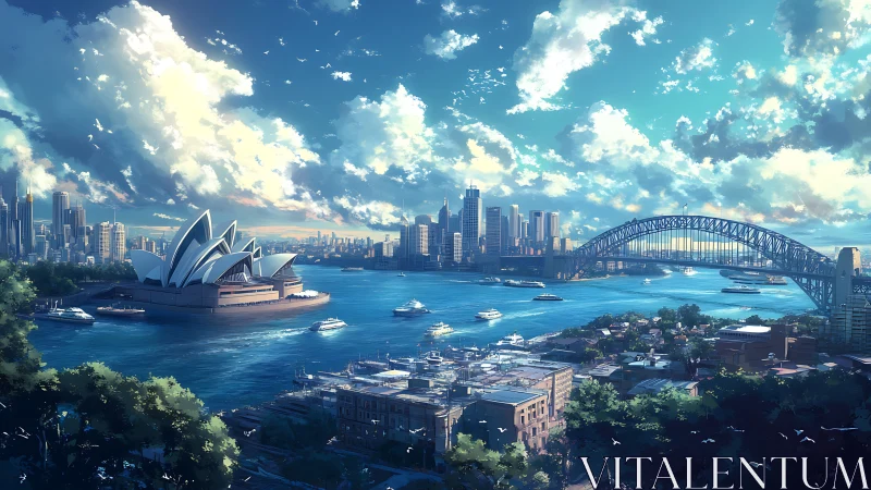 Sydney harbour skyline under luminous summer clouds.