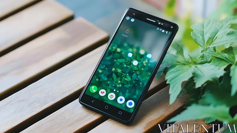Google Pixel smartphone displaying verdant bokeh interface on wooden plinth.