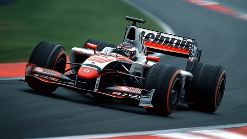 Formula race car attacks fast circuit corner at high speed