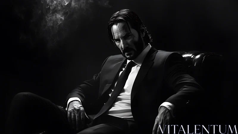 Moody man in suit reclines in dramatic noir lighting.