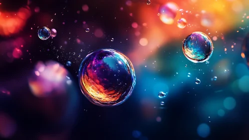 Iridescent liquid orbs drift across a chromatic bokeh field