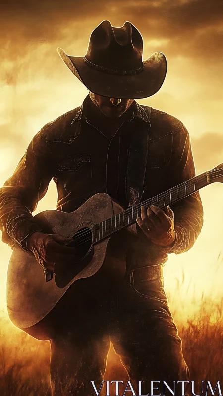 Lone cowboy guitarist silhouetted in golden sunset field.