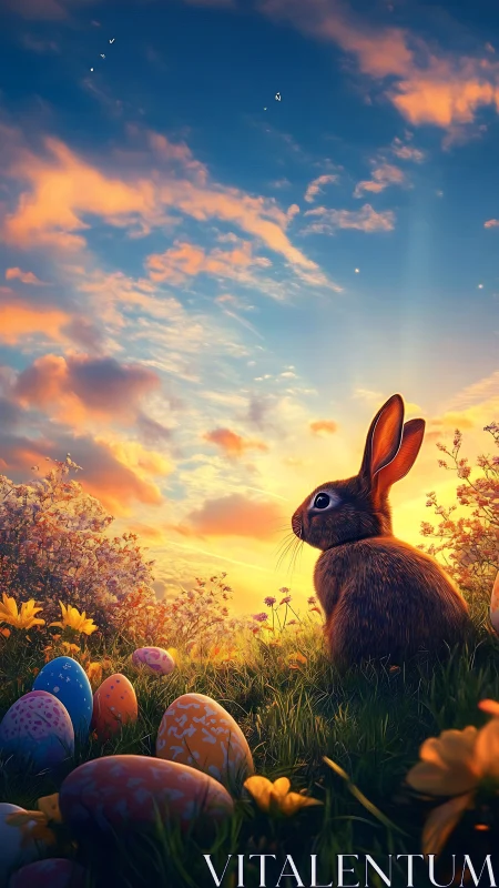 Gentle spring bunny watching a glowing Easter sunrise.