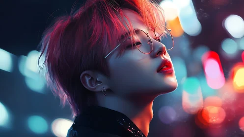 Neon side-lit portrait of red-haired youth with glasses at night