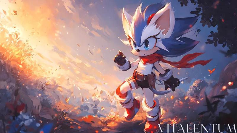 Anthropomorphic fox warrior strides through volumetric sunset forest