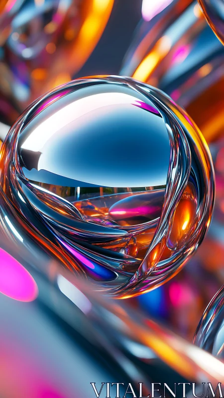 Chromed glass sphere among neon reflections in motion.