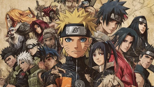 Composite anime character montage shows central ninja figure