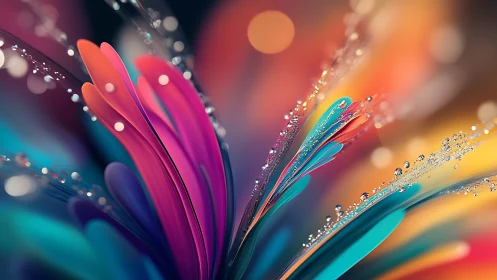 Colorful abstract petals with dewdrops in soft focus.